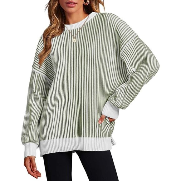 Sweaters - Women Fall Lightweight Oversized Crew Neck Sweater Long Sleeve Color Block